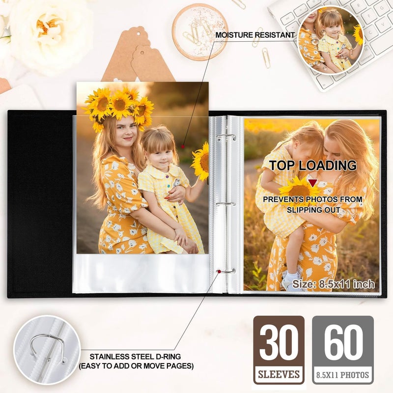 Lanpn Photo Album Scrapbook 8.5x11, Linen Cover Wreath Design Top Load 3 Ring Folder Binder Photobook Photo Book 8.5 x 11 inch with 30 Plastic Sleeves 60 Pages Pink - Image 4